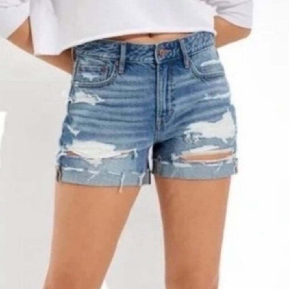 American Eagle Denim Jean Shorts 10 Tomgirl Blue Distressed  Ripped Cut offs